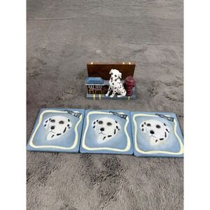 Dalmatian Firehouse Coasters with Decorative Holder Fireman dog decor SET OF 3